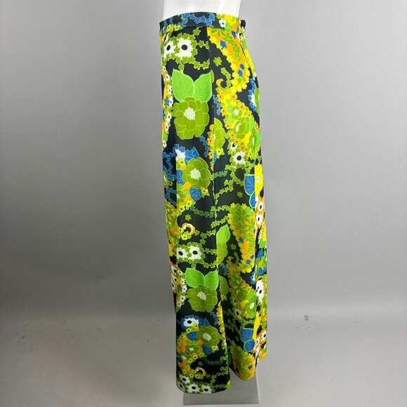 Vtg 60s Green Floral Flower Power Wide Leg Palazzo Pants Bright Bell Bottoms S - Picture 4 of 6